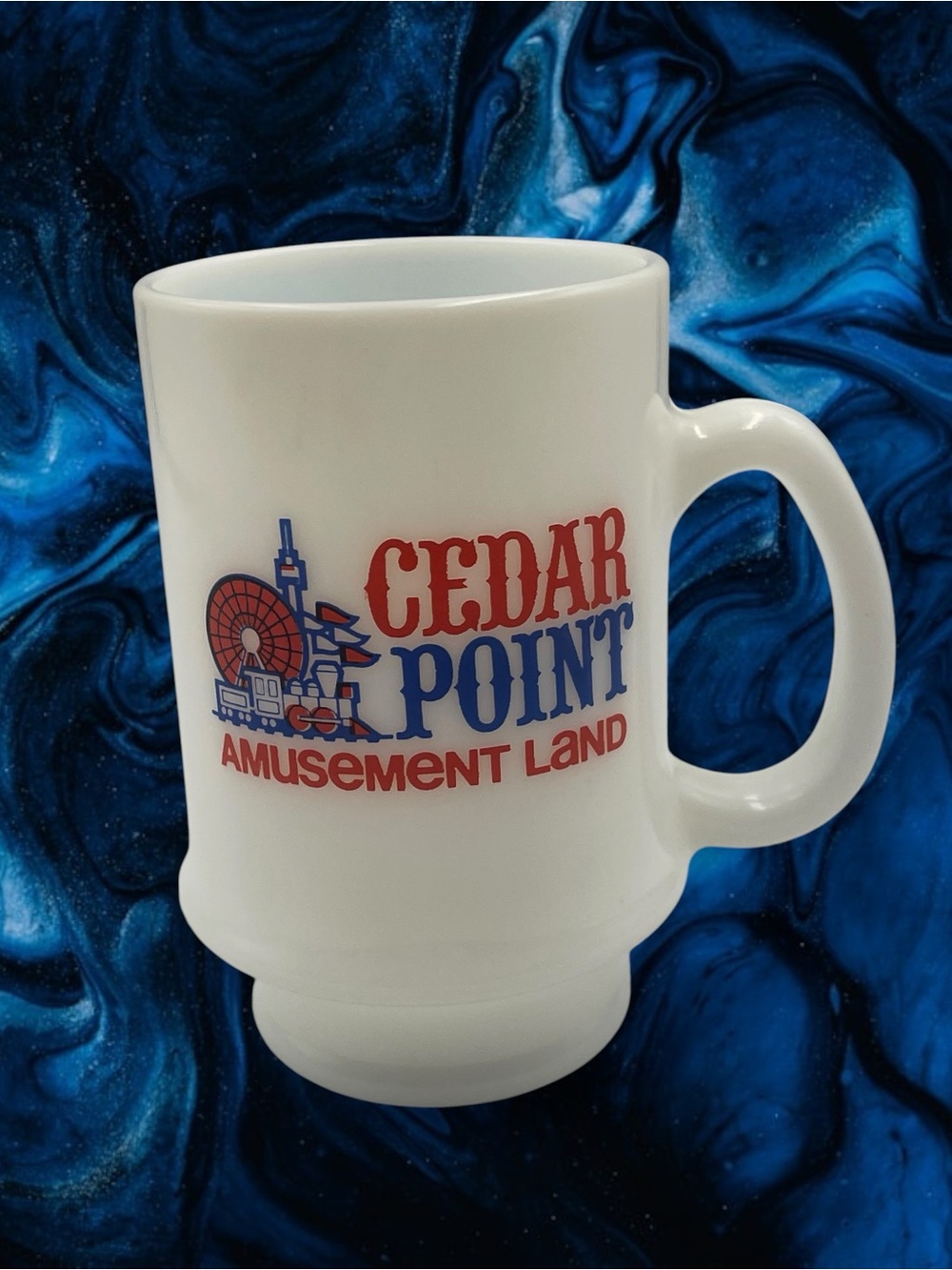 Vintage Cedar Point Amusement Land Milk Glass Mug Pedestal Footed Cup